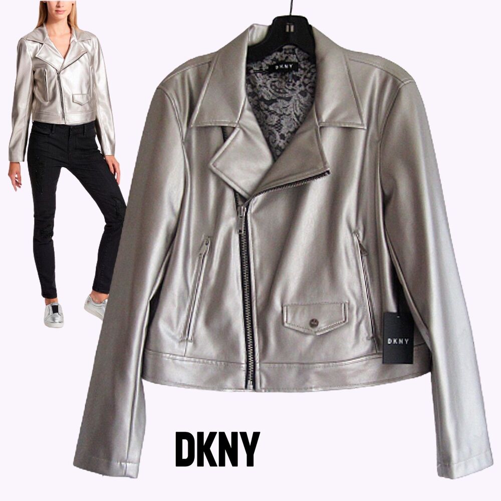 DKNY Metallic Silver Faux Leather Asym Zip Moto Biker Jacket L NWT